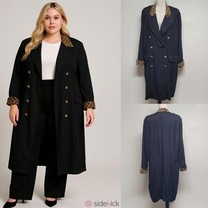 Diana Marco Vintage 80s Black Crepe Leopard Print Velvet Trench Coat Overcoat 22